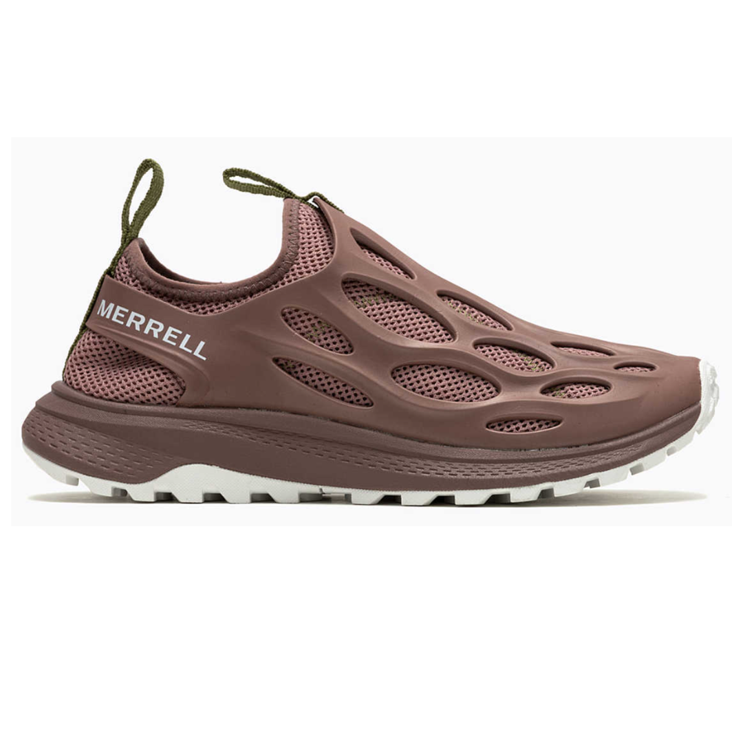 Merrell Hydro Runners are slip-on shoes featuring a brown, perforated outer shell with mesh underlay for breathability, a cushioned sole, and an olive pull tab for easy wear, suitable for water activities.