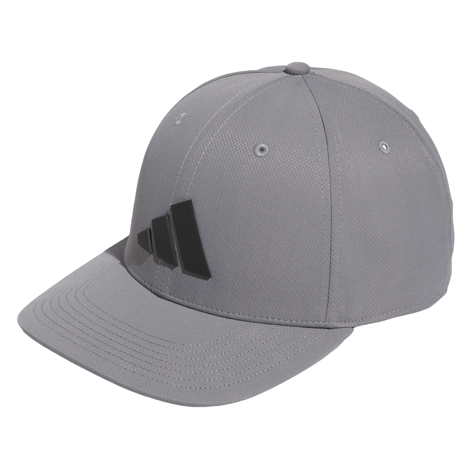 A gray baseball cap featuring a black logo on the front, designed with a curved brim and ventilation eyelets for breathability.