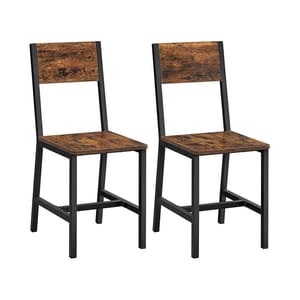 Two matching farmhouse-style dining chairs with dark metal frames and wooden seats and backrests in a rustic brown finish.