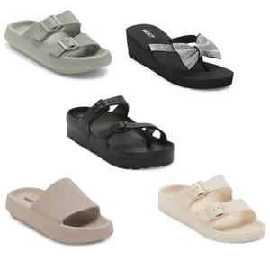 Five pairs of sandals in various styles and colors including platform, flip-flop, and slide-on designs.