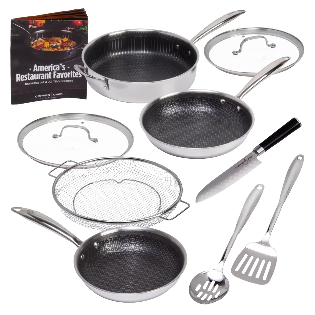 10pc Copper Chef Cookware includes three frying pans with lids (an 8-inch, 10-inch, and deep 11-inch), a stainless steel fry basket, a ladle, a slotted spatula, a chef's knife, and a recipe book.