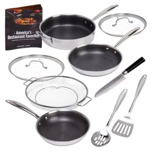 10pc Copper Chef Cookware includes three frying pans with lids (an 8-inch, 10-inch, and deep 11-inch), a stainless steel fry basket, a ladle, a slotted spatula, a chef's knife, and a recipe book.