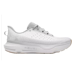 White athletic sneaker with a textured upper and cushioned sole, featuring the \“HOVR\“ logo and heel loop for easy on-and-off wear.
