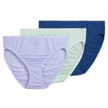A set of three ribbed women's underwear in pastel purple, light green, and navy blue.