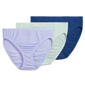A set of three ribbed women's underwear in pastel purple, light green, and navy blue.