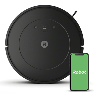 A circular black robotic vacuum cleaner with a smartphone showcasing a corresponding app next to it; both devices feature a prominent logo.