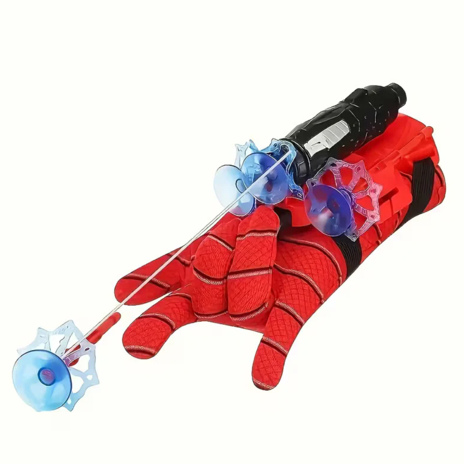 Red glove with a black web shooter toy attached, featuring blue suction cup projectiles.