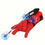 Red glove with a black web shooter toy attached, featuring blue suction cup projectiles.