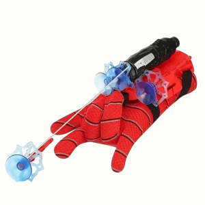 Red glove with a black web shooter toy attached, featuring blue suction cup projectiles.