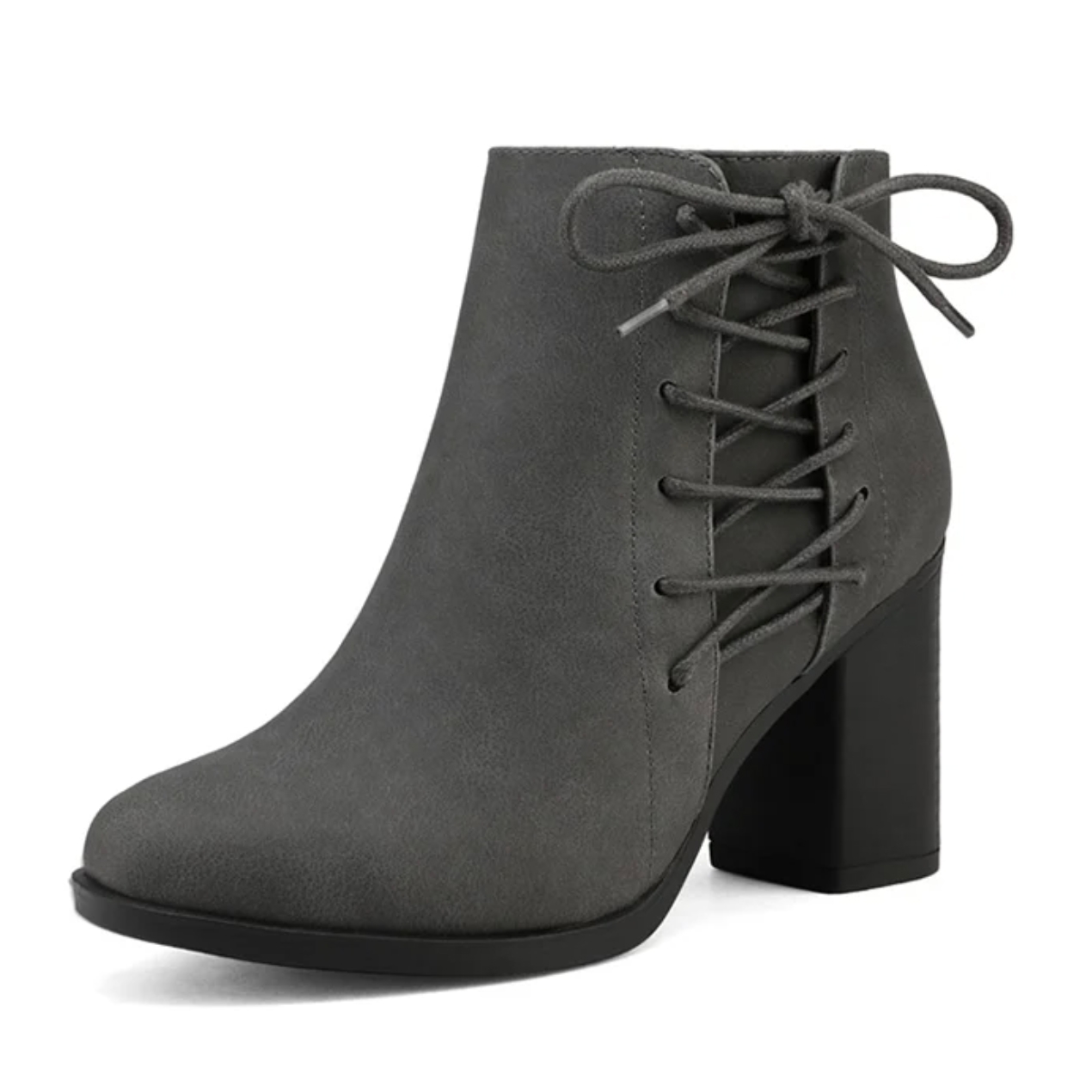 These are grey ankle boots with a block heel, featuring a round toe and lace-up front.