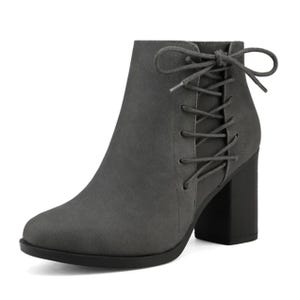 These are grey ankle boots with a block heel, featuring a round toe and lace-up front.
