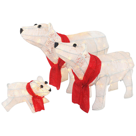 Three wooden polar bear decorations with red scarves, depicting a family with one large, one medium, and one small bear.