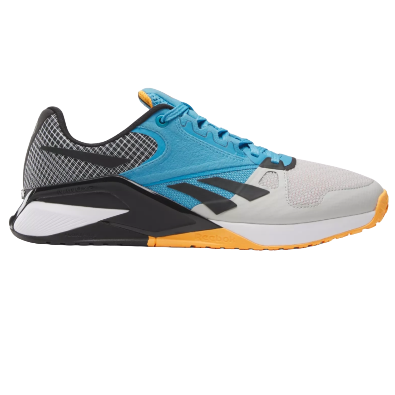 Reebok Nano 6000 Training Shoes feature a blue and gray design with orange accents, black detailing, and a mesh upper for breathability, ideal for various training activities.