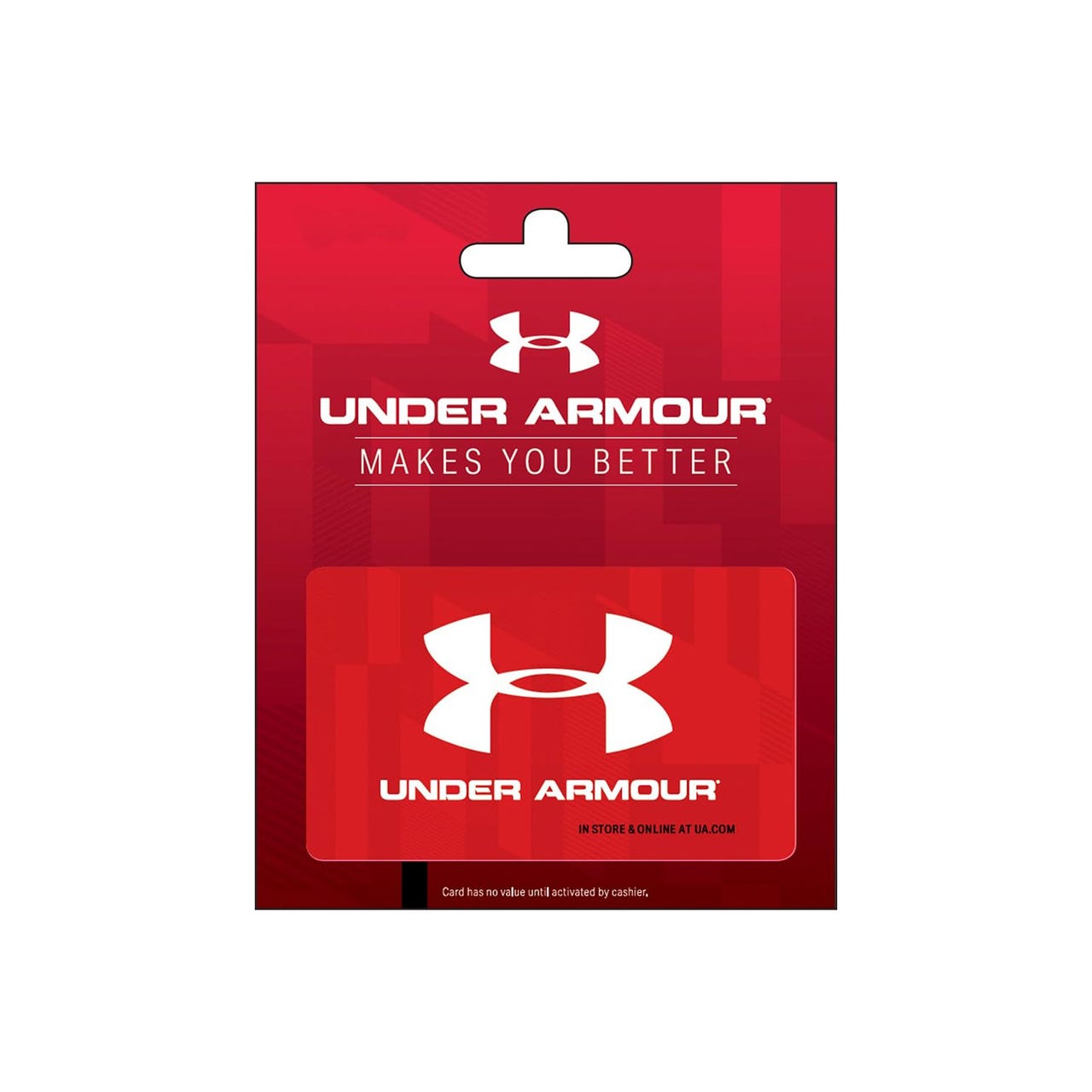 Under Armour gift card with the slogan \“Makes You Better,\“ featuring the brand’s logo. The card can be used in-store and online at UA.com.