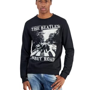 Black sweatshirt featuring a monochrome print of The Beatles' iconic Abbey Road album cover, with text \“The Beatles\“ above and \“Abbey Road\“ below the image.