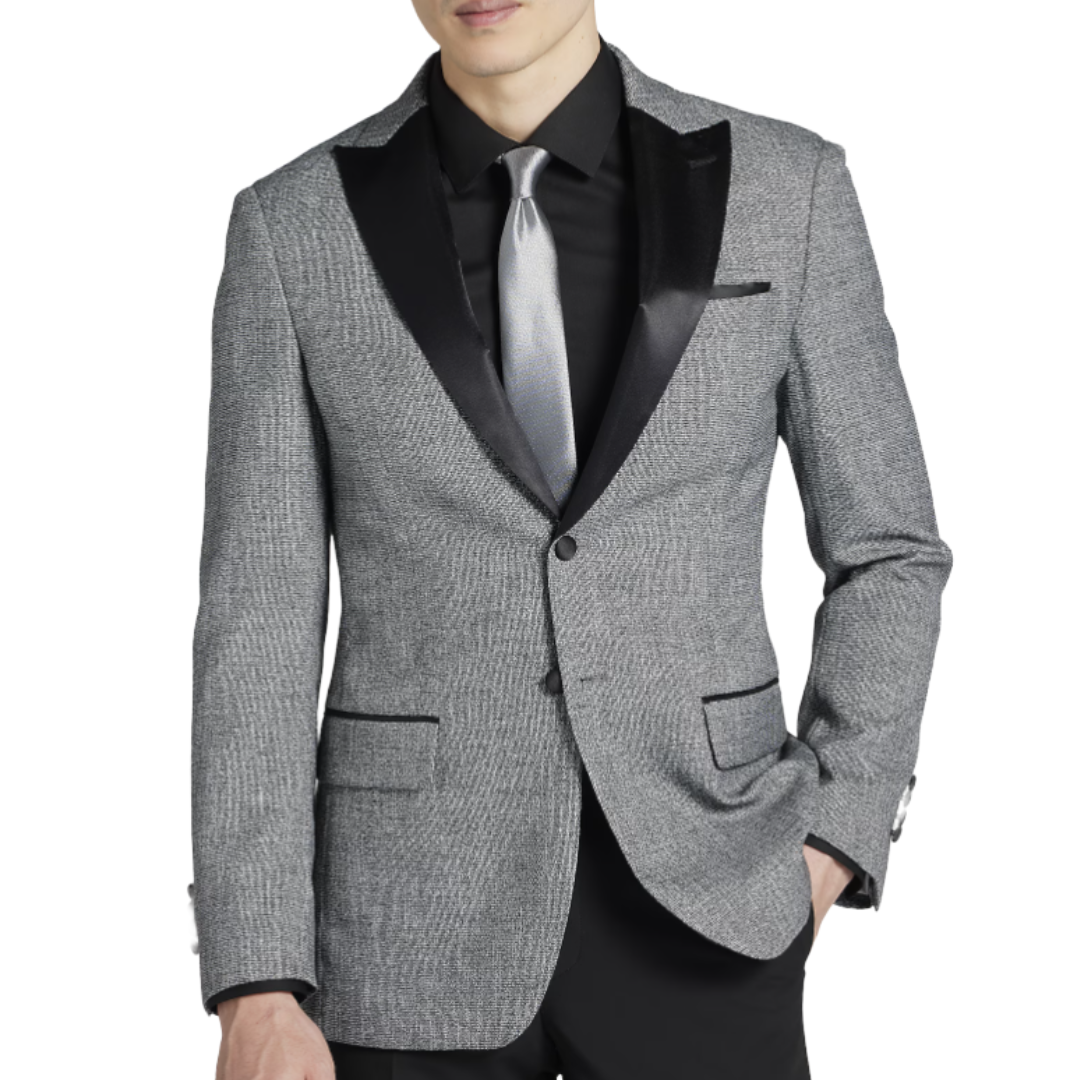 Gray tuxedo jacket with black satin lapel, paired with a black dress shirt and silver tie.