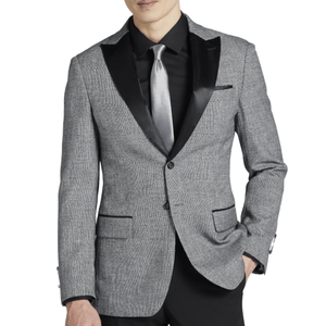 Gray tuxedo jacket with black satin lapel, paired with a black dress shirt and silver tie.
