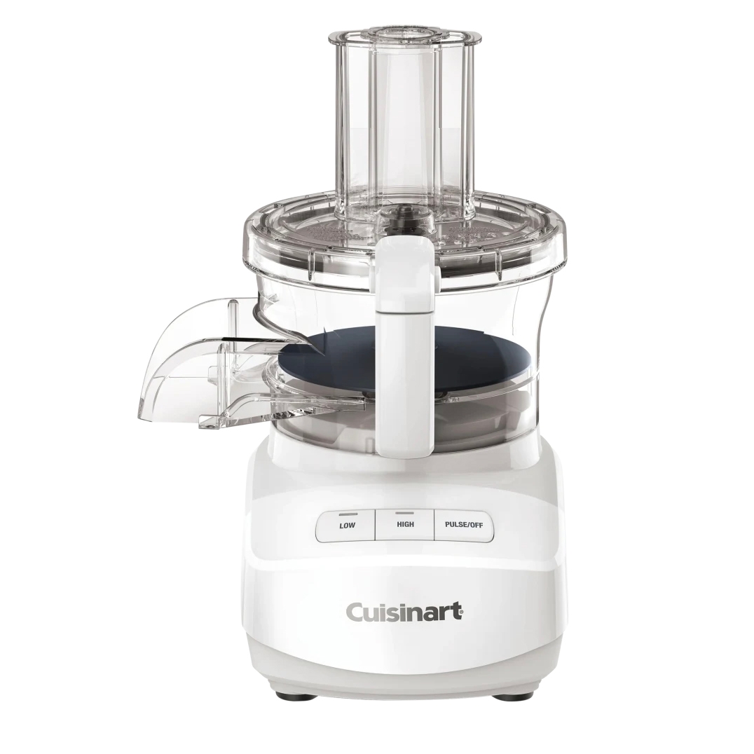 Cuisinart food processor with a transparent bowl, feed tube, and three buttons labeled Low, High, and Pulse/Off.
