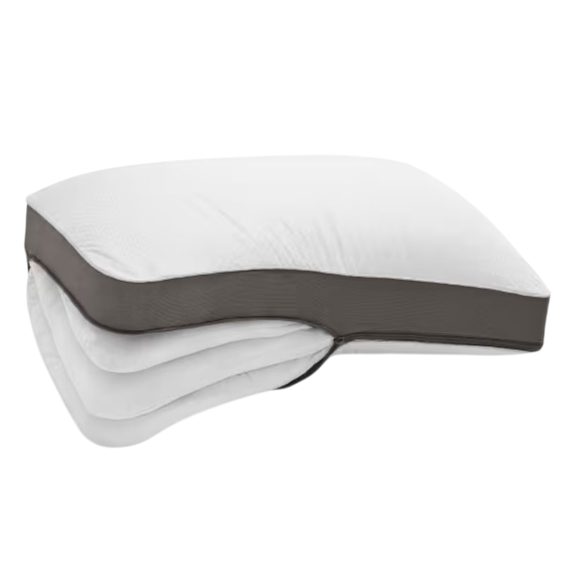 A stackable pillow with three removable layers, allowing for adjustable height and firmness. The outer cover is white with a dark border.