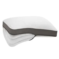 A stackable pillow with three removable layers, allowing for adjustable height and firmness. The outer cover is white with a dark border.