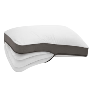 A stackable pillow with three removable layers, allowing for adjustable height and firmness. The outer cover is white with a dark border.