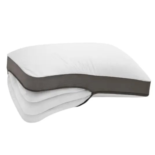 A stackable pillow with three removable layers, allowing for adjustable height and firmness. The outer cover is white with a dark border.