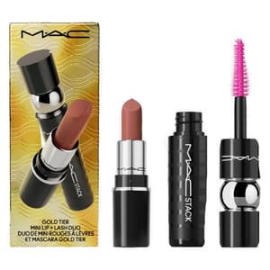 MAC Cosmetics Gold Tier Mini Lip + Lash Duo includes a mini nude lipstick and a mini mascara with a pink wand applicator, packaged in a gold box.
