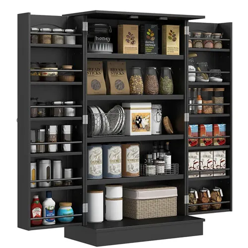 A pantry cupboard with organized shelves contains jars, cereal boxes, breadsticks, oats, sauces, spices, and honey. The left and right doors have additional shelving for condiments and smaller items.