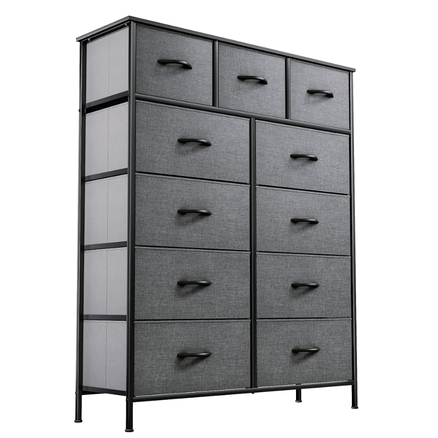 An 11-drawer dresser with a black metal frame, featuring five smaller drawers on top and six larger drawers below, all with dark fabric fronts and metal handles.
