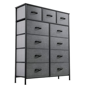 An 11-drawer dresser with a black metal frame, featuring five smaller drawers on top and six larger drawers below, all with dark fabric fronts and metal handles.
