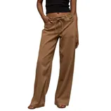 A pair of brown wide-leg pants with a drawstring waist, worn with a black sleeveless top.