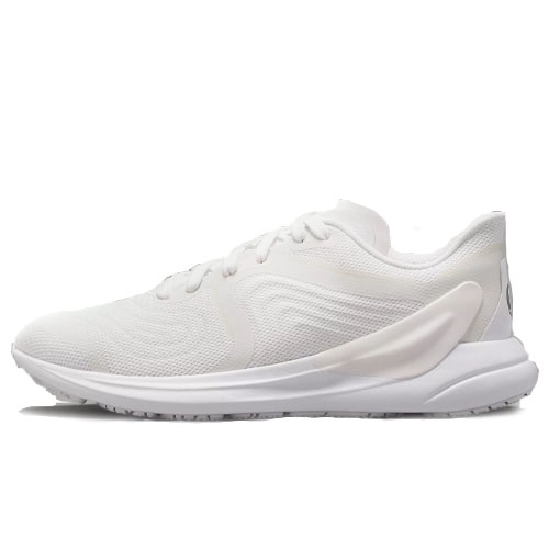 A white athletic running shoe featuring a mesh upper, lace-up design, and a cushioned sole with a streamlined, modern aesthetic.