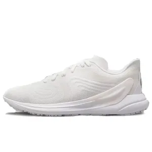 A white athletic running shoe featuring a mesh upper, lace-up design, and a cushioned sole with a streamlined, modern aesthetic.