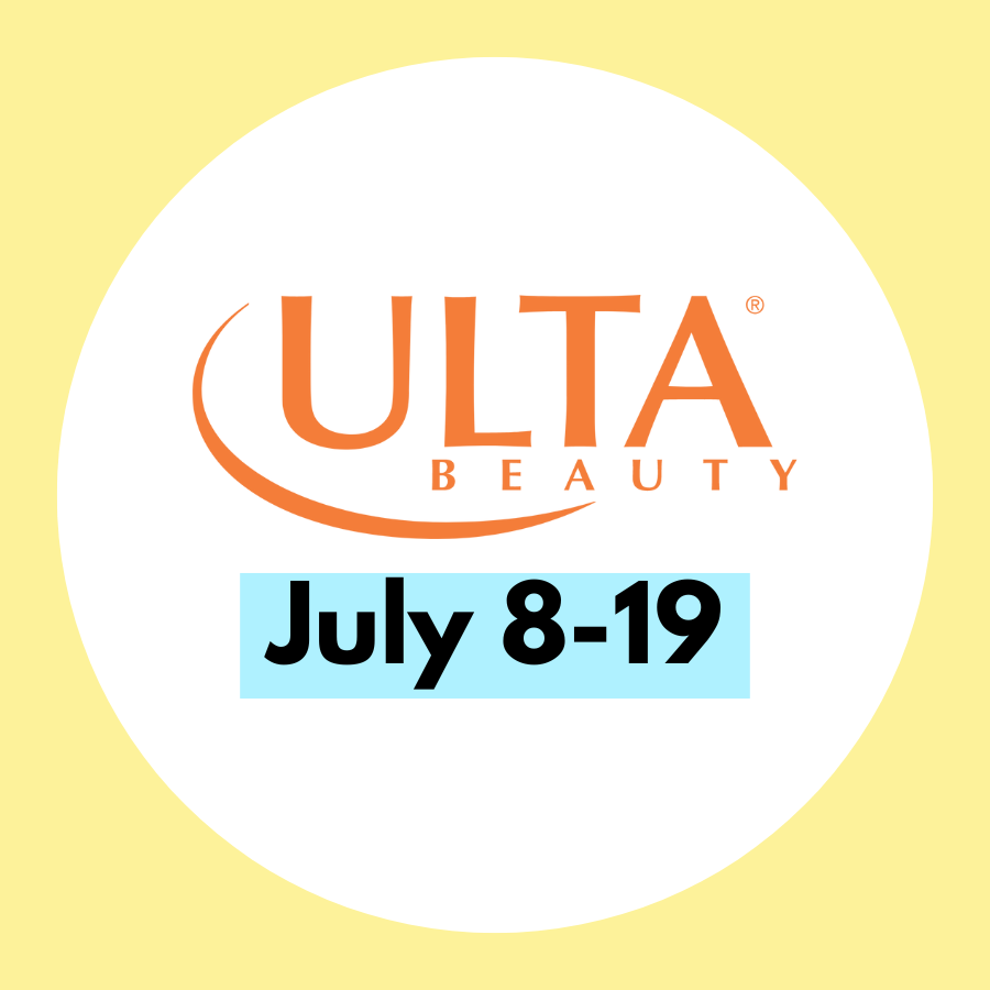 Ulta Beauty logo with dates \“July 8-19\“ in bold black text on a light blue background, set against a circular white background with a yellow border.