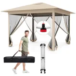 A beige pop-up gazebo with mosquito netting, featuring easy setup with a red push button. Includes a carrying bag and folded frame for portability.