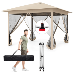 A beige pop-up gazebo with mosquito netting, featuring easy setup with a red push button. Includes a carrying bag and folded frame for portability.