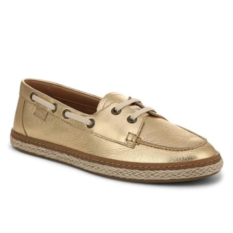 A gold metallic boat shoe with a textured leather upper, laced detail, and woven espadrille-style sole.