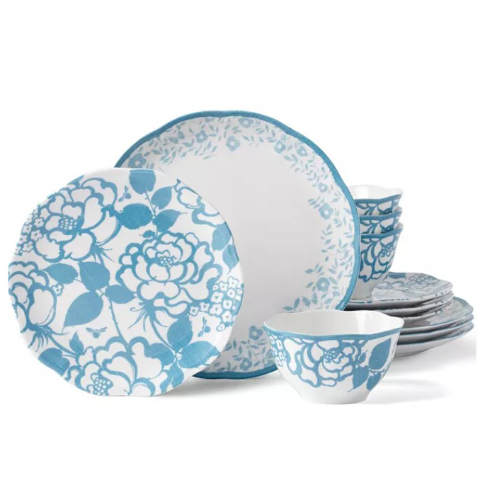 12-piece Lenox Meadow Cottage Dinnerware Set features blue floral patterns on white ceramic, including dinner plates, salad plates, and bowls, each with a scalloped edge.