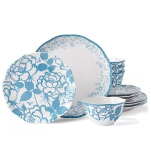 12-piece Lenox Meadow Cottage Dinnerware Set features blue floral patterns on white ceramic, including dinner plates, salad plates, and bowls, each with a scalloped edge.