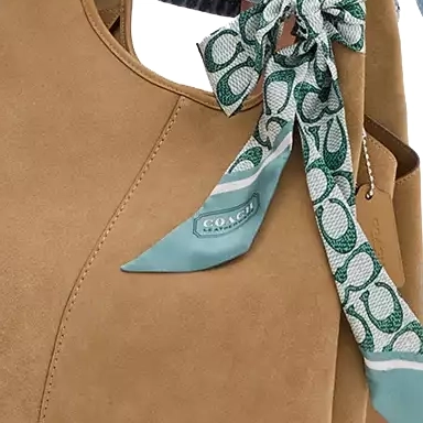 A silk skinny scarf with a green and white Coach signature print tied to a tan handbag.