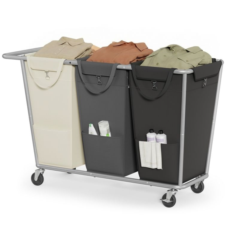 A three-compartment rolling laundry hamper with beige and gray bins, each bearing clothing. Each bin has a pocket, holding items like detergent and towels.