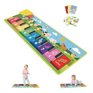 Musical play mat with animal and music icons, featuring numbered piano keys and colorful sections. Includes cards for educational activities. Designed for interactive play and learning.