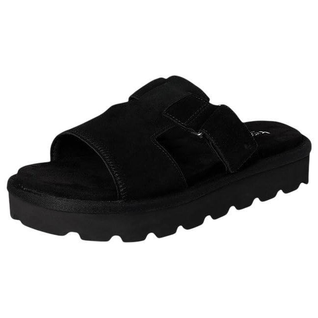A black slide sandal featuring a thick, textured sole and wide straps with hook-and-loop closures.