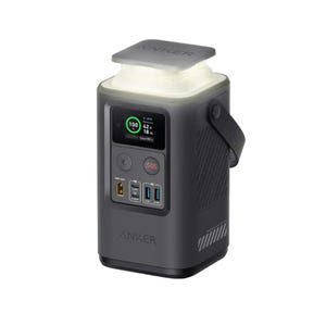 Anker 60,000mAh Power Bank is a compact device with a digital display showing charge status, multiple USB ports, and a handle for portability. It features an integrated lamp on top and includes buttons for power and SOS functions.