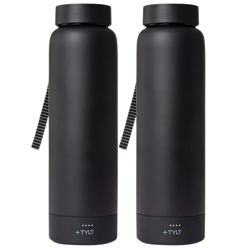 Two black insulated water bottles with carrying straps and the \“+TYLT\“ logo on the base.