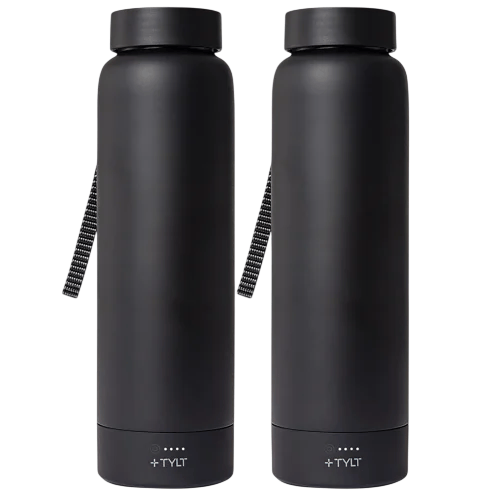 Two black insulated water bottles with carrying straps and the \“+TYLT\“ logo on the base.