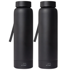 Two black insulated water bottles with carrying straps and the \“+TYLT\“ logo on the base.