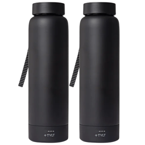 Two black insulated water bottles with carrying straps and the \“+TYLT\“ logo on the base.