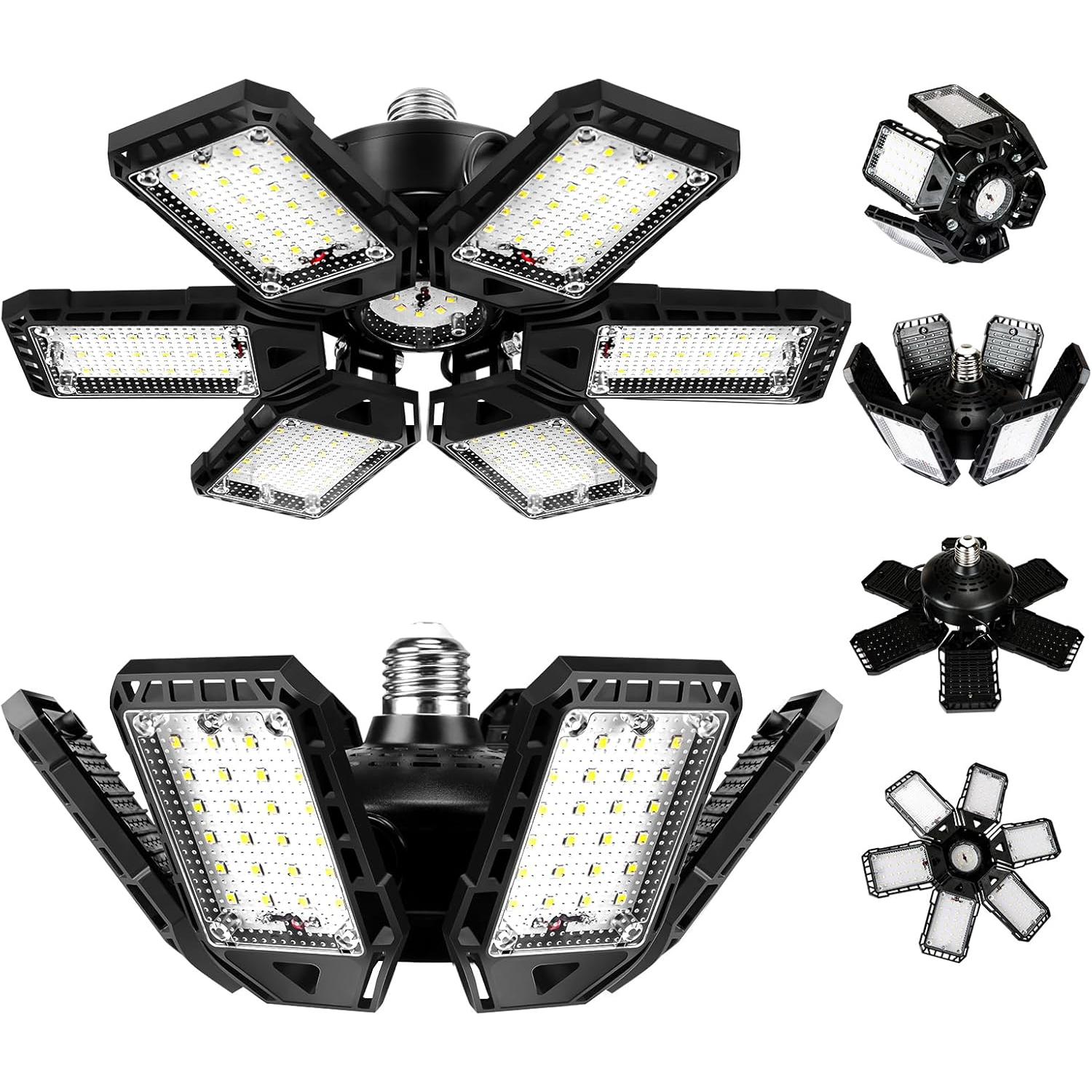 Adjustable LED garage ceiling lights with multiple hinged panels for customizable angle lighting, shown in various configurations.