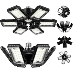 Adjustable LED garage ceiling lights with multiple hinged panels for customizable angle lighting, shown in various configurations.